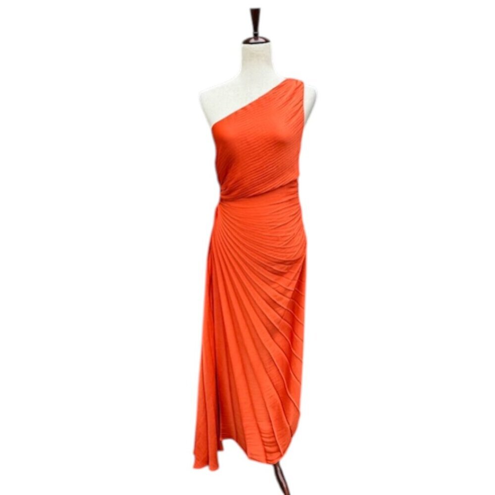 House of Harlow 1960 Off Orange Cut Out One Shoulder Pleated Dress Size Medium - Picture 2 of 16
